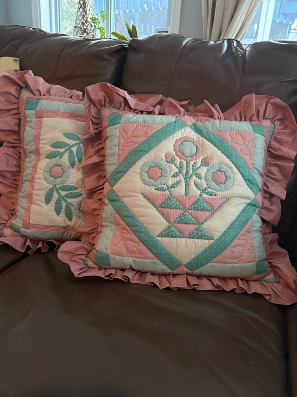 Vintage Quilted Throw Pillows | Set of 2 | Floral Basket & Wreath Appliqué - Picture 2 of 8